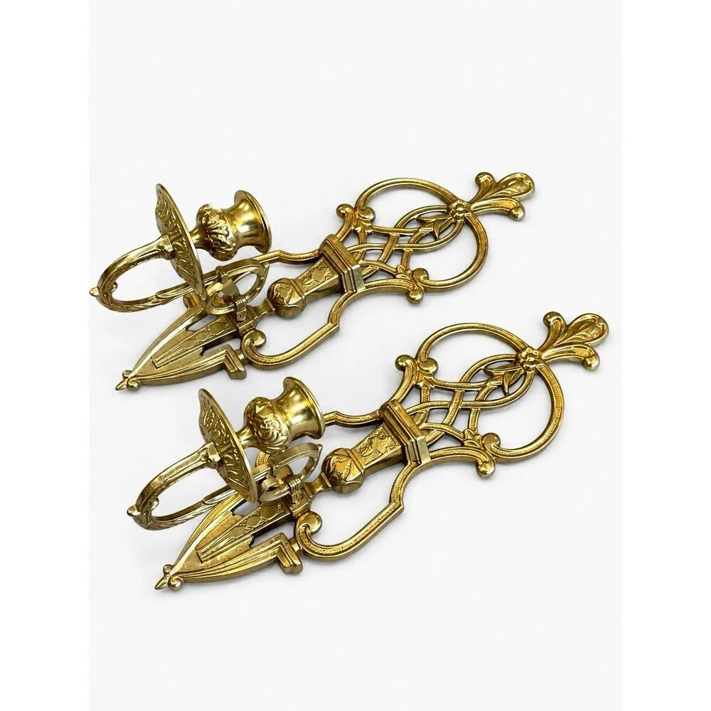 Vintage Pair of Solid Brass Art Style Fleur de lis Wall Candle Sconces 15 1/2